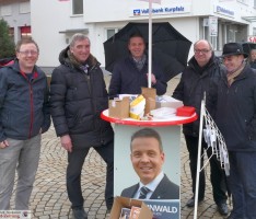 Samstagmorgen, kühl und regnerisch: Straßenwahlkampf in Gauangelloch und Dilje