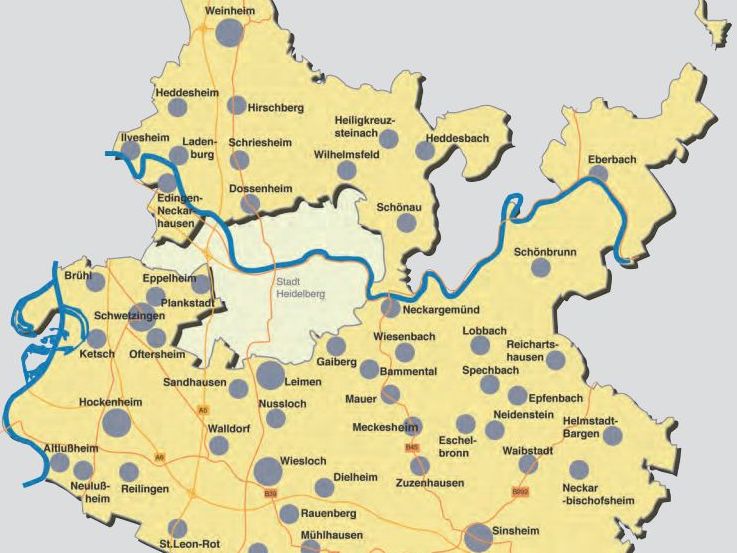 Die vier Wahlkreise im Rhein-Neckar-Kreis und die zugehörigen Kommunen