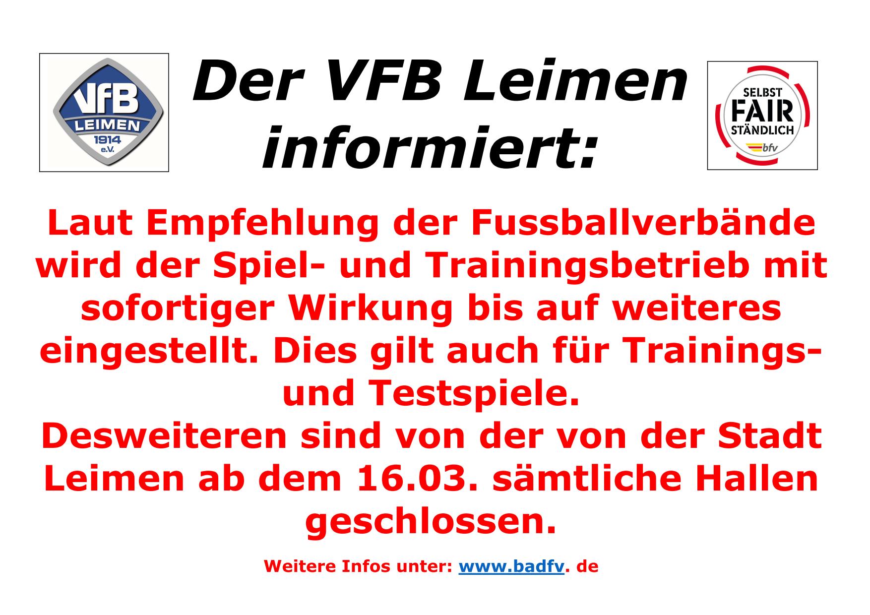 VFB Leimen stellt Spiel- und Trainingsbetrieb ein