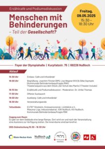 Bunte Grafik mit Menschen unterschiedlicher Behinderungen in einem Park, dazu Veranstaltungsdetails zur Inklusionsdiskussion am 9. Mai 2025 in Nußloch.