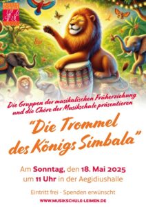 Fantasievolle Szene mit musizierendem Löwen und Dschungeltieren