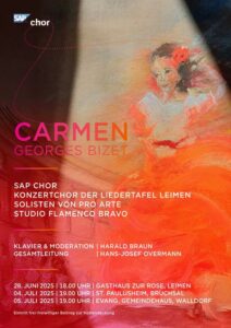 Gemäldeartige Darstellung einer tanzenden Frau in rotem Kleid, inspiriert von Bizets Carmen.