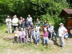 Sandstein-Gedenkstein mit lateinischer Inschrift an der Prinzenbrücke in Leimen, aufgenommen im Waldgebiet