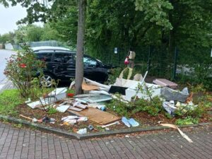 Illegale Müllablagerung neben einem schwarzen Auto an einer bepflanzten Verkehrsinsel