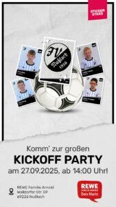 Plakat zur Kickoff Party des FV 1910 Nußloch am 27.09.2025 bei REWE Familie Arnold, mit Spieler-Stickern und Veranstaltungsdetails.