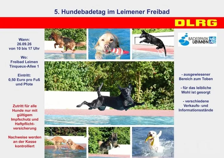 Plakat zum 5. Hundebadetag im Leimener Freibad am 26. September 2026