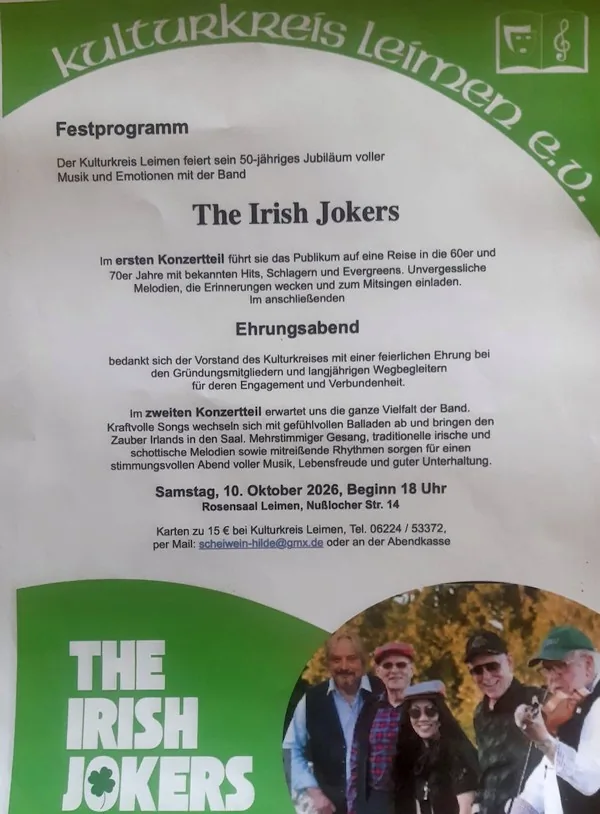 Flyer zum Jubiläumskonzert des Kulturkreis Leimen mit The Irish Jokers am 10. Oktober 2026
