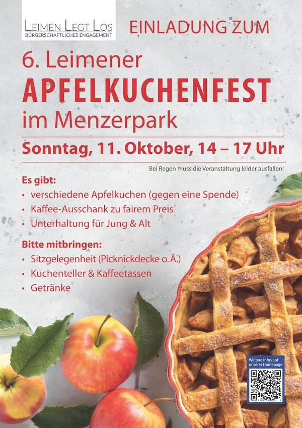 Plakat zum 6. Leimener Apfelkuchenfest im Menzerpark am 11. Oktober von 14 bis 17 Uhr