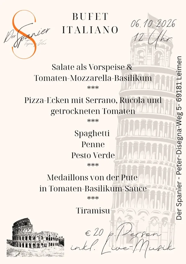 Ankündigung für das Buffet Italiano im Restaurant Der Spanier in Leimen am 6. Oktober 2026
