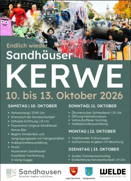 Plakat zur Sandhäuser Kerwe 2026 mit Programmpunkten vom 10. bis 13. Oktober