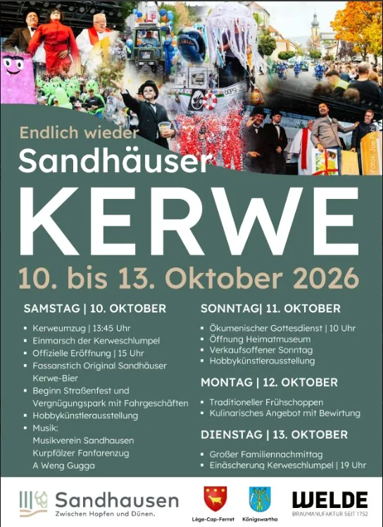 Plakat zur Sandhäuser Kerwe 2026 mit Programmpunkten vom 10. bis 13. Oktober
