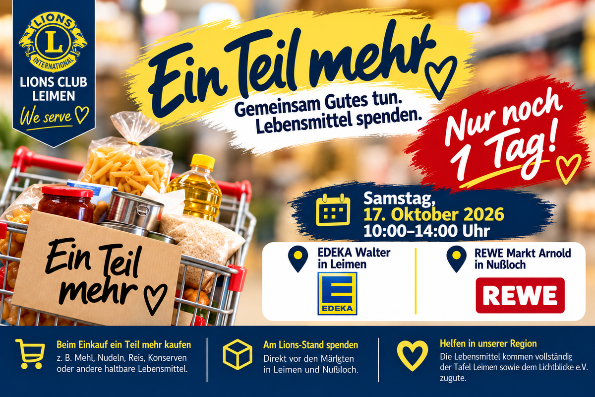 „Ein Teil mehr“: Lions Club Leimen bittet am Samstag um Lebensmittelspenden