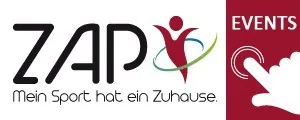 ZAP-Logo mit Schriftzug „ZAP – mein Sport hat ein Zuhause“ und Events-Signet
